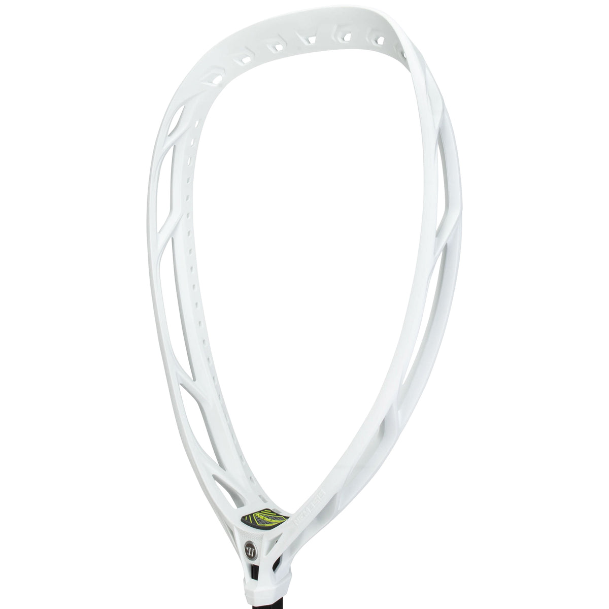 Warrior Nemesis Lite white unstrung lacrosse goalie head – angled view