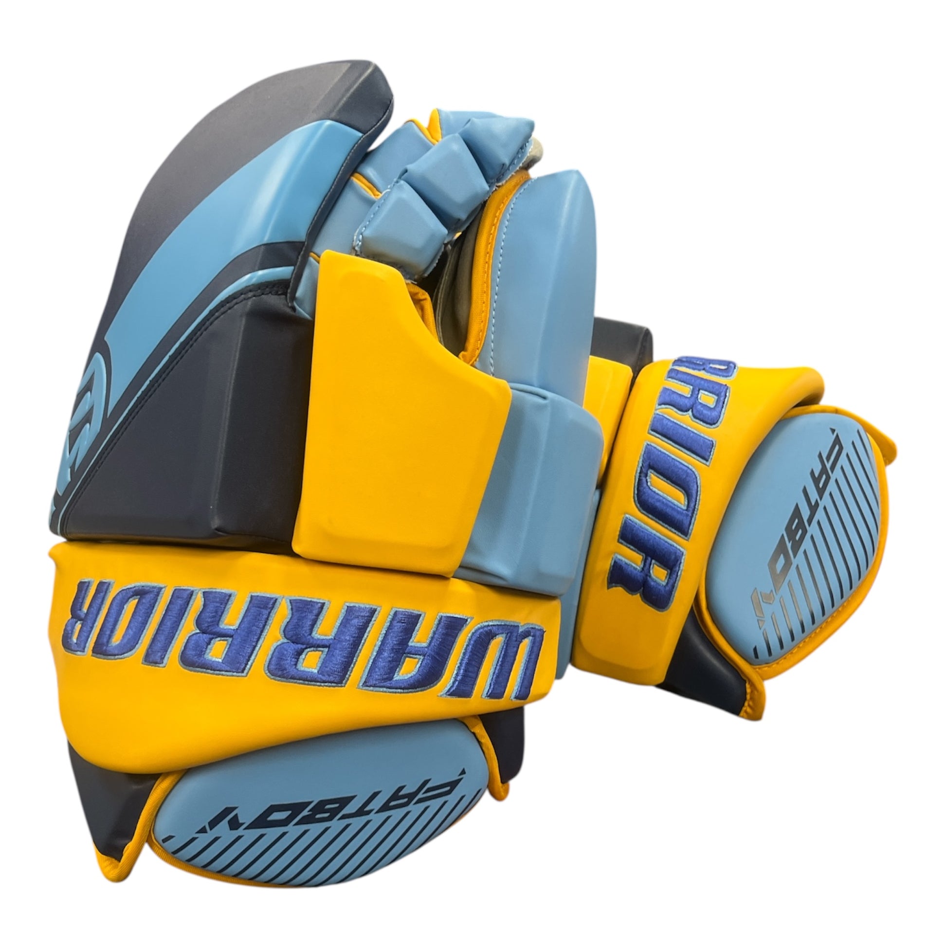 Yellow and blue hockey gloves with 'Warrior' branding on a white background