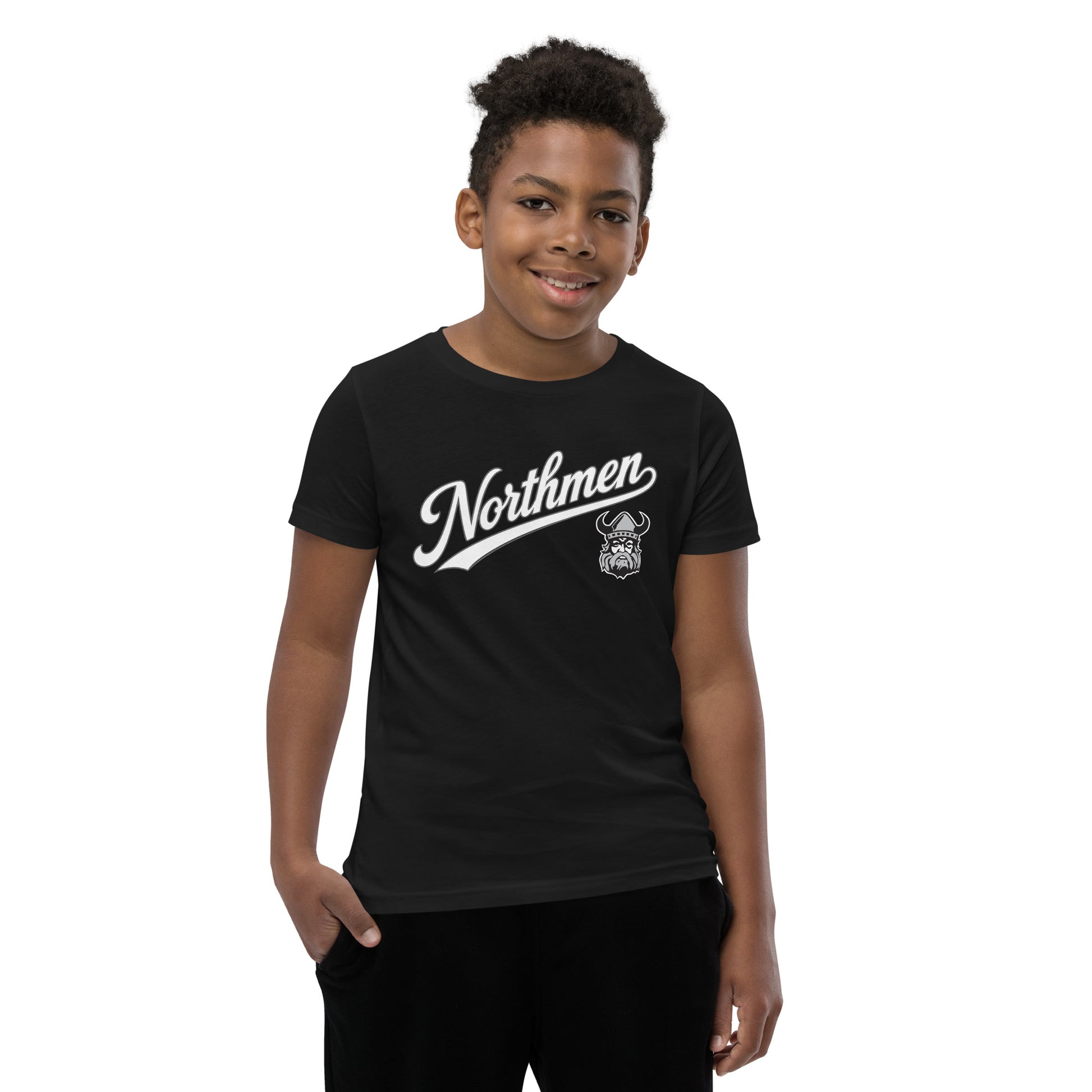 Youth Northmen Script Short Sleeve T-Shirt in Black - front detail view - Sanderson Lacrosse