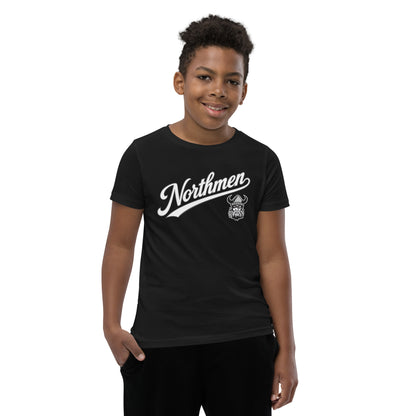 Youth Northmen Script Short Sleeve T-Shirt in Black - front detail view - Sanderson Lacrosse