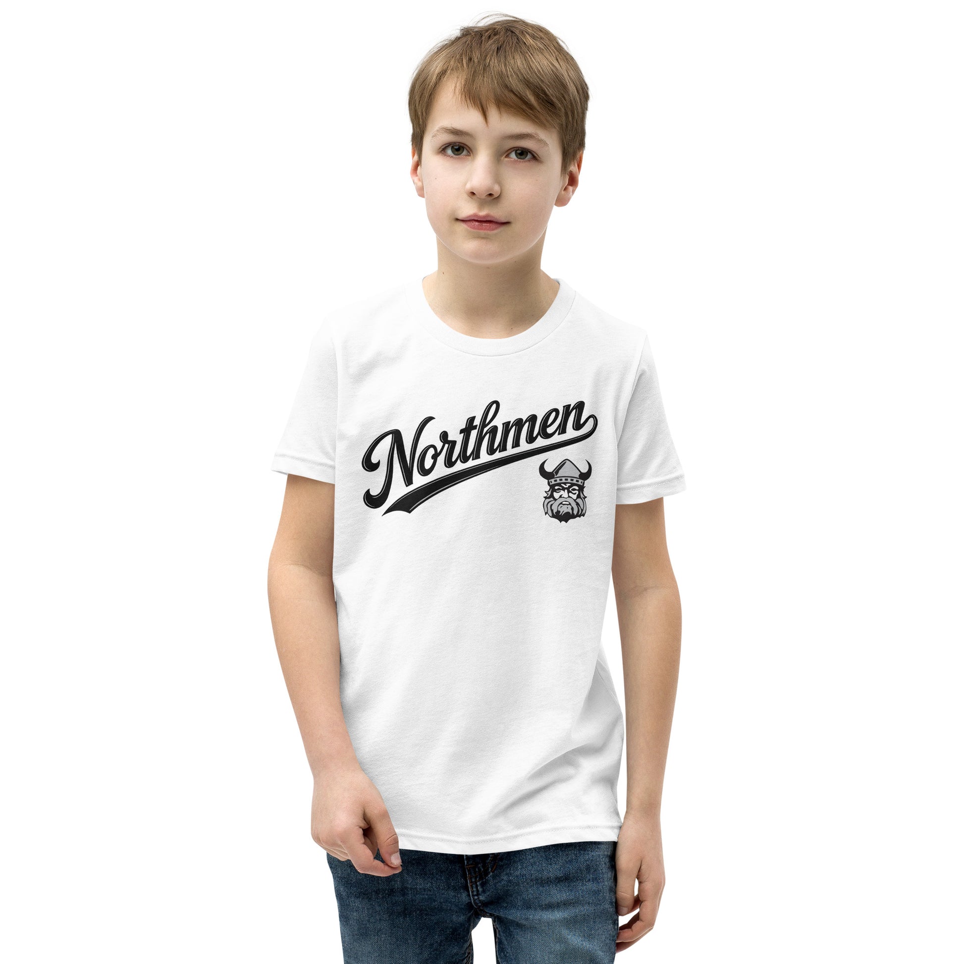 Youth Northmen Script Short Sleeve T-Shirt in White - front detail view - Sanderson Lacrosse