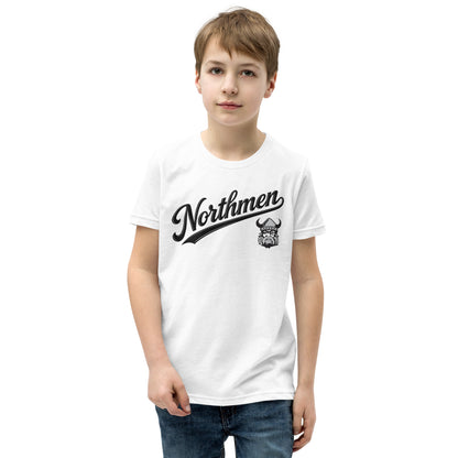 Youth Northmen Script Short Sleeve T-Shirt in White - front detail view - Sanderson Lacrosse
