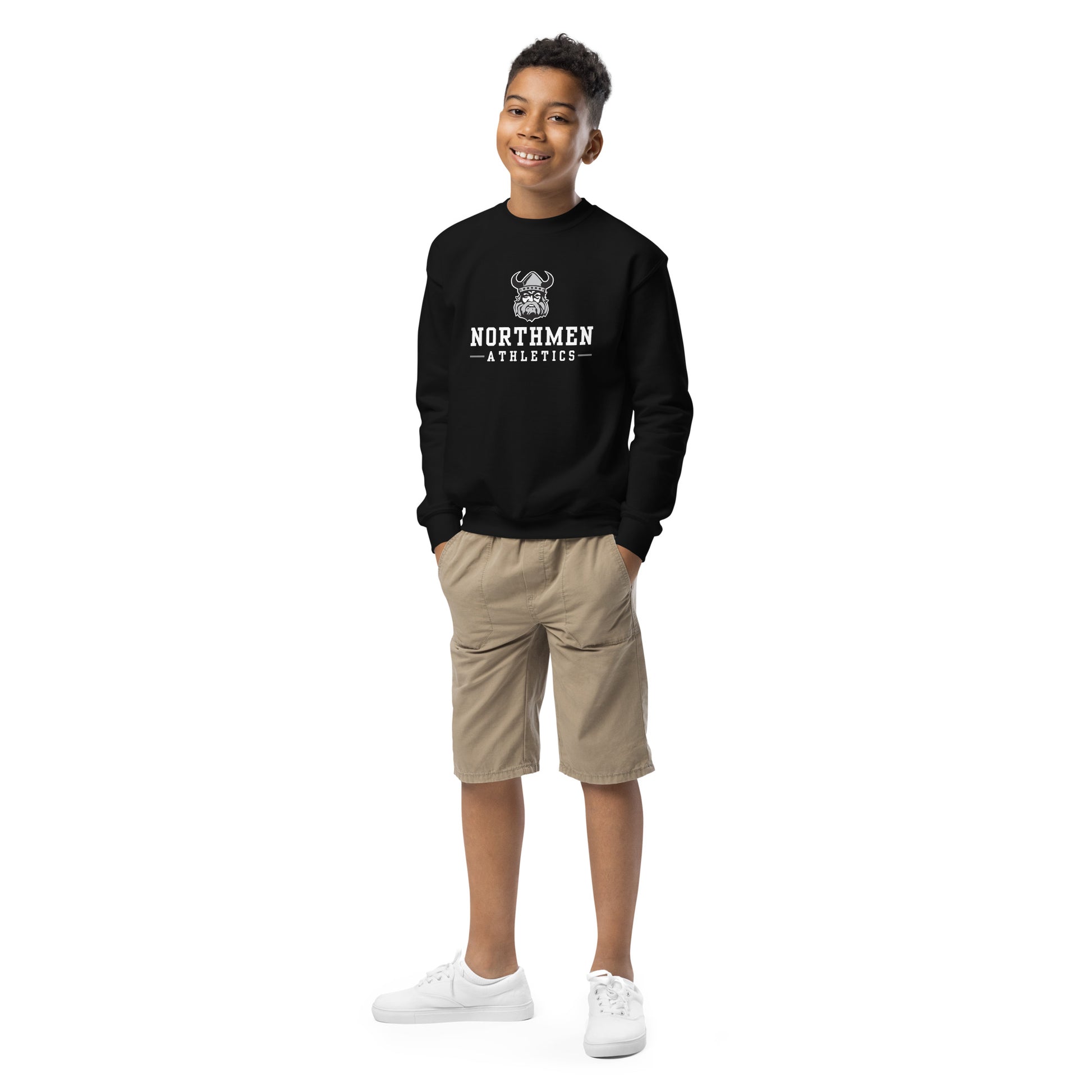 Youth Orangeville Northmen Athletics Crewneck Sweatshirt in Black - front detail view - Sanderson Lacrosse