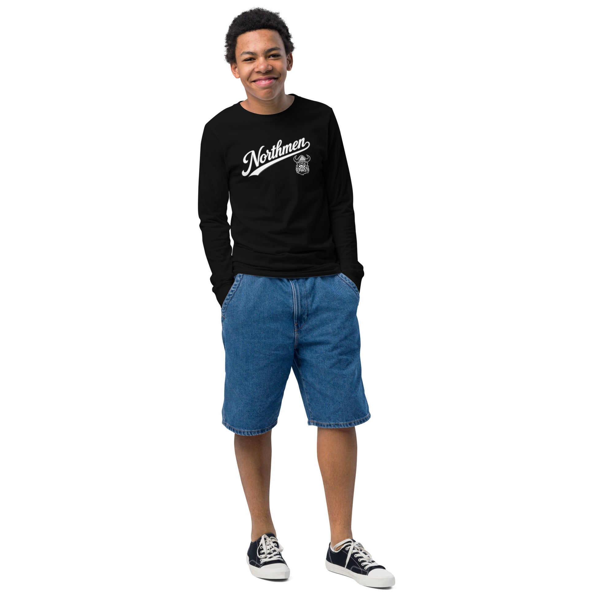 Youth Orangeville Northmen Long Sleeve Tee in Black - front detail view - Sanderson Lacrosse
