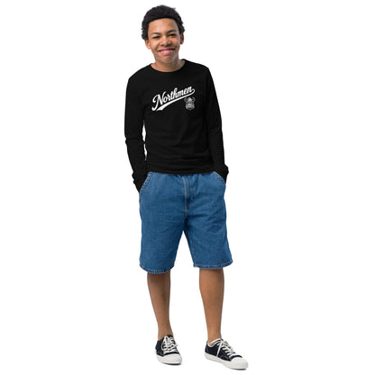 Youth Orangeville Northmen Long Sleeve Tee in Black - front detail view - Sanderson Lacrosse