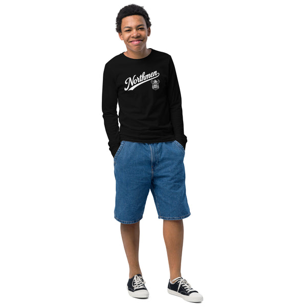 Youth Orangeville Northmen Long Sleeve Tee in Black - front detail view - Sanderson Lacrosse