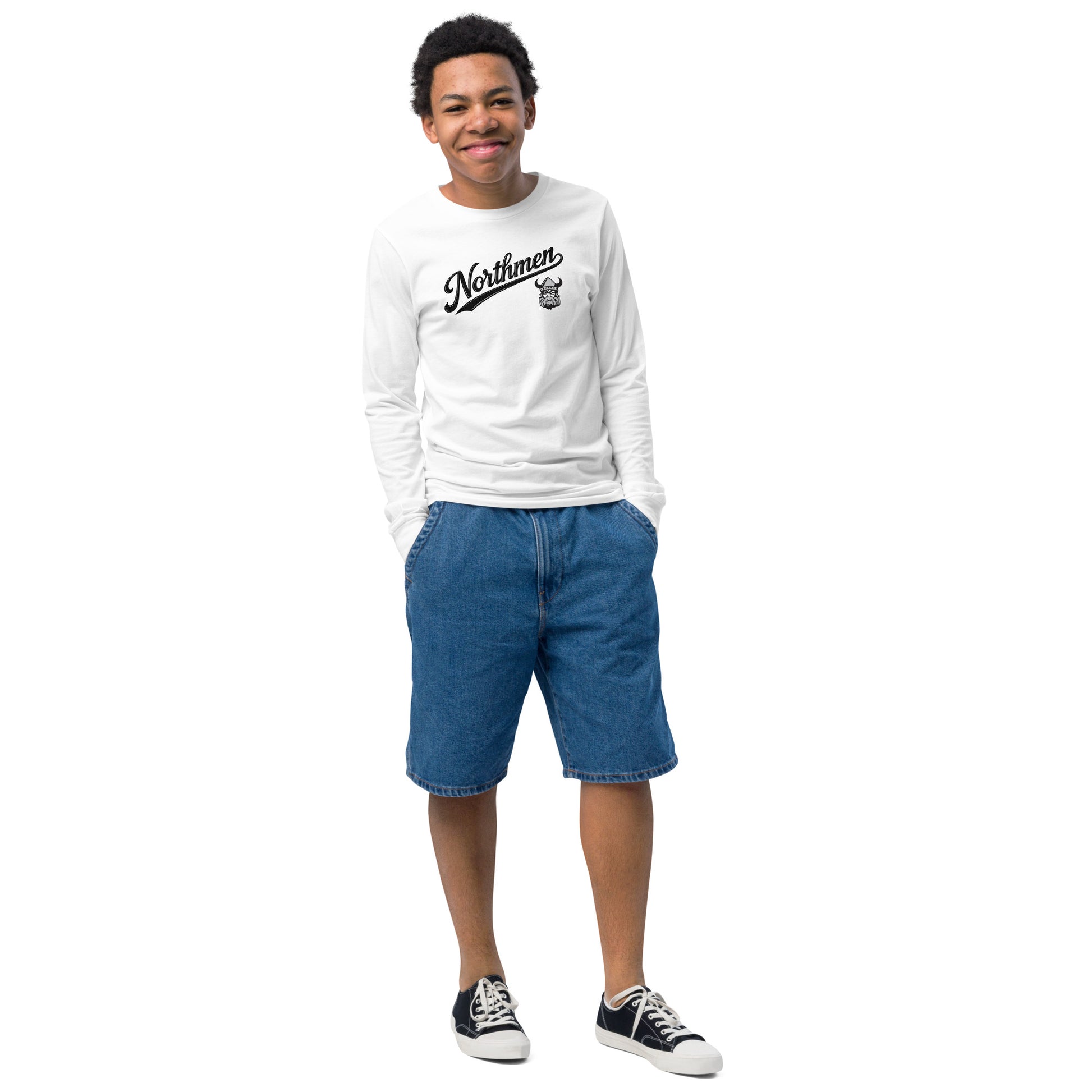 Youth Orangeville Northmen Long Sleeve Tee in White - front detail view - Sanderson Lacrosse
