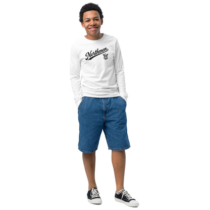 Youth Orangeville Northmen Long Sleeve Tee in White - front detail view - Sanderson Lacrosse