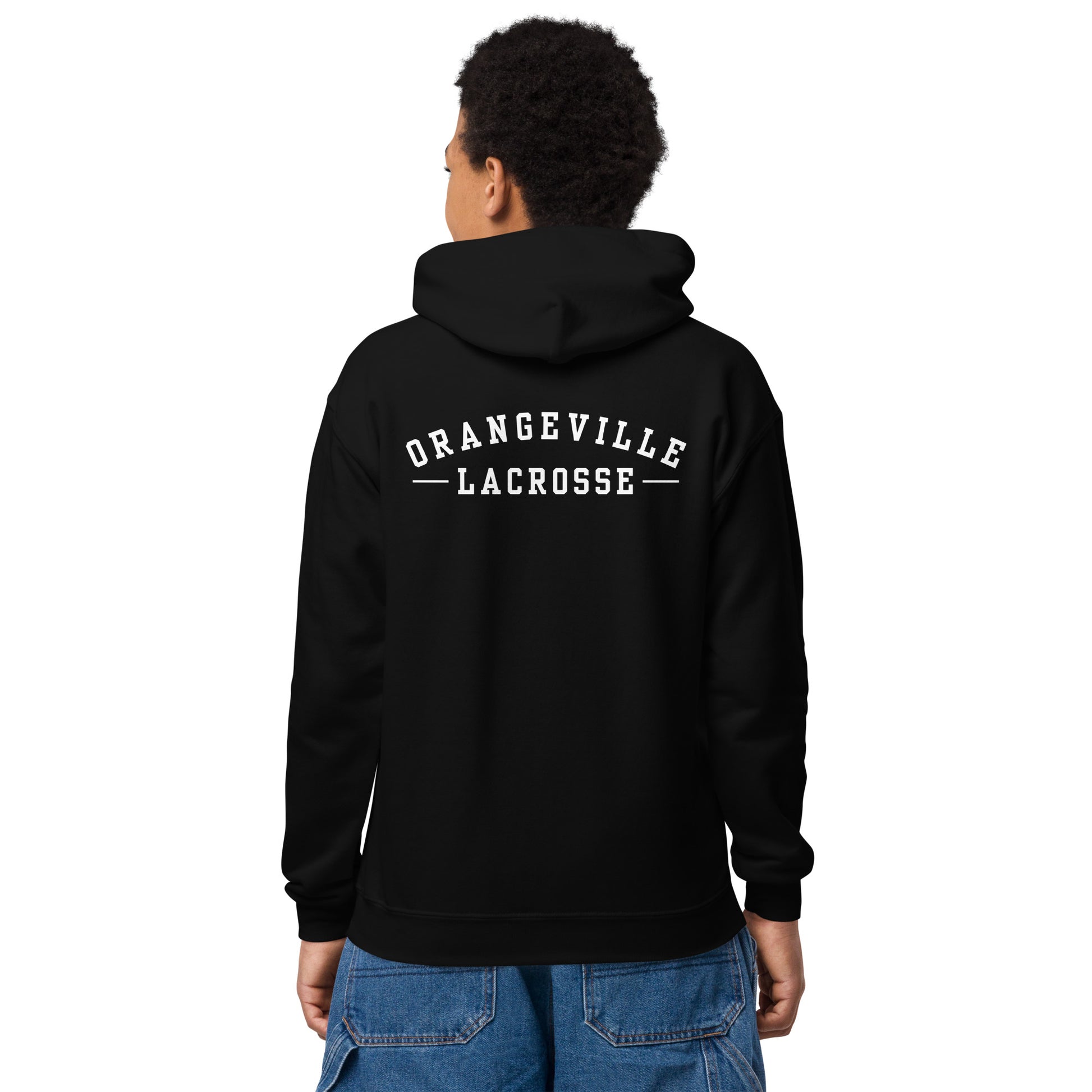 Youth Orangeville Northmen Script Heavy Blend Hoodie in Black - back detail view - Sanderson Lacrosse