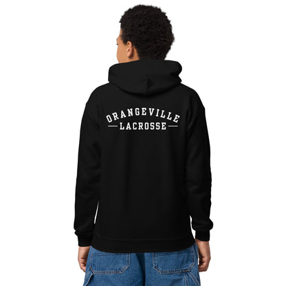 Youth Orangeville Northmen Script Heavy Blend Hoodie in Black - back detail view - Sanderson Lacrosse