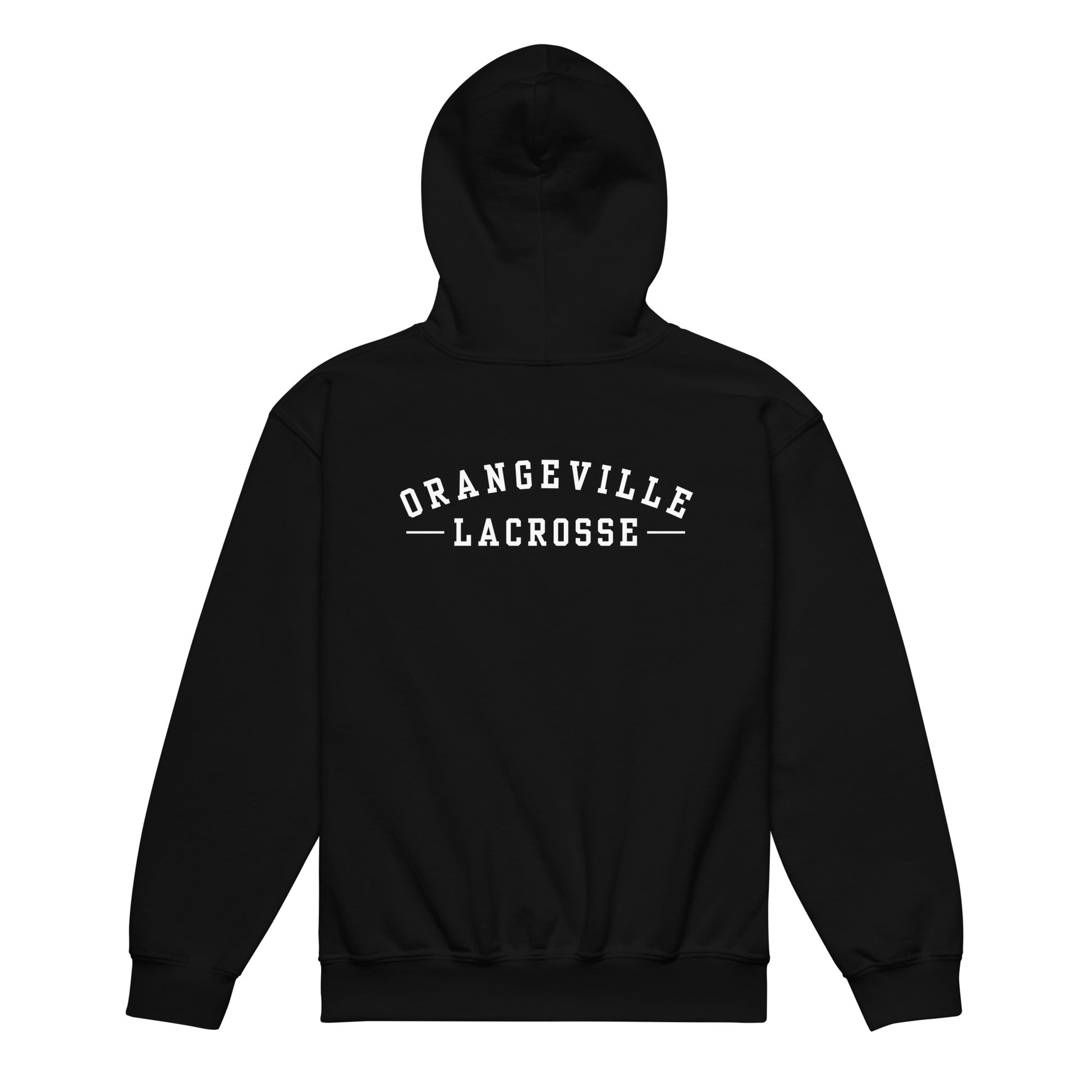 Youth Orangeville Northmen Script Heavy Blend Hoodie in Black - back view - Sanderson Lacrosse