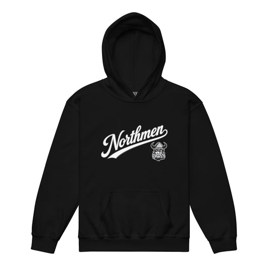 Youth Orangeville Northmen Script Heavy Blend Hoodie in Black - front view - Sanderson Lacrosse