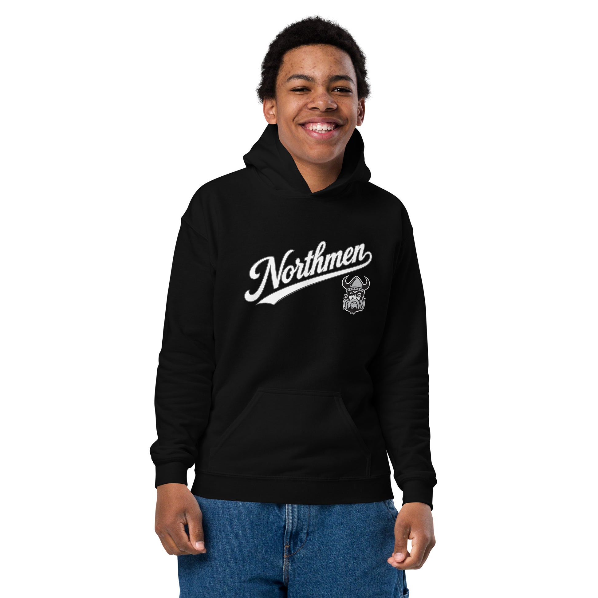 Youth Orangeville Northmen Script Heavy Blend Hoodie in Black - front detail view - Sanderson Lacrosse