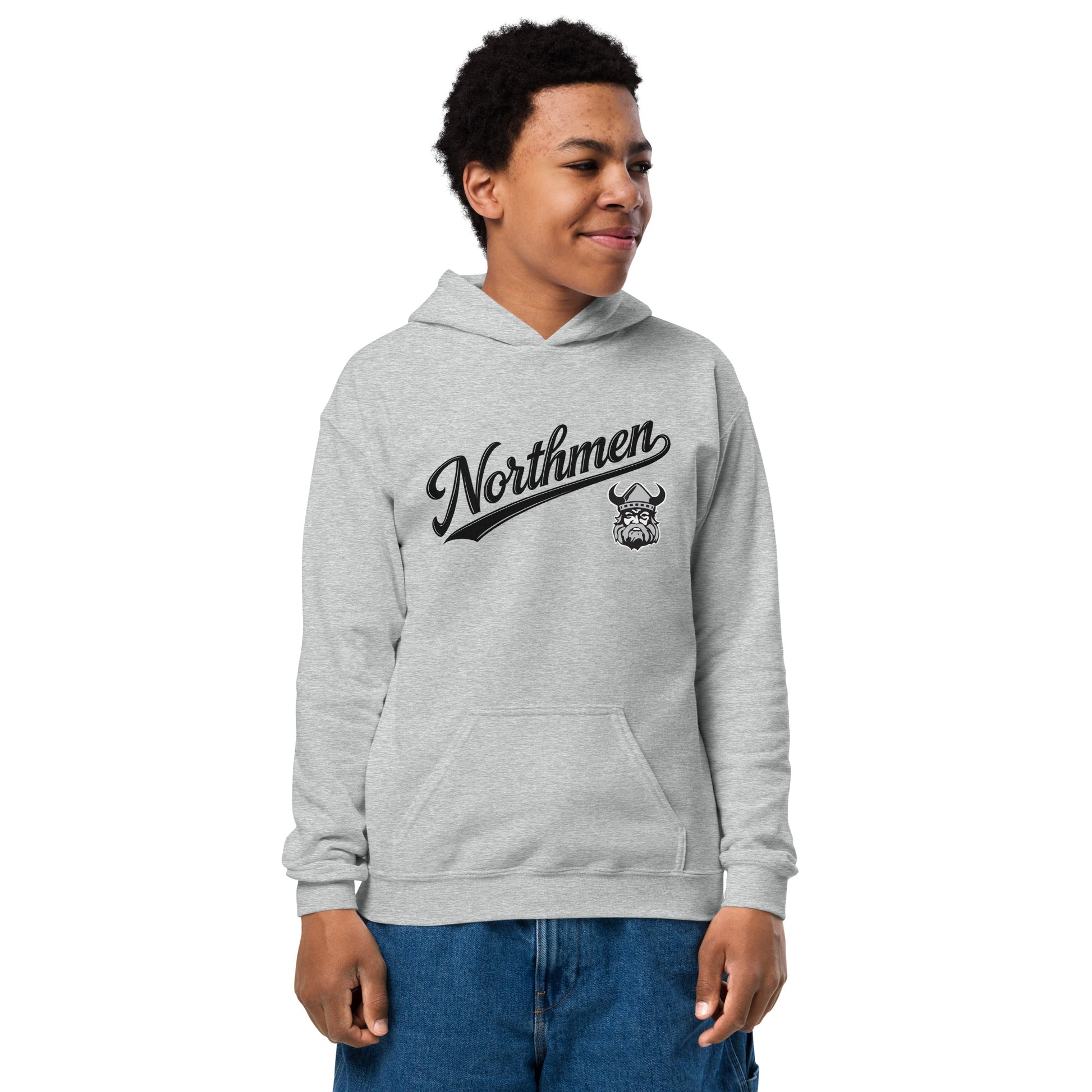 Youth Orangeville Northmen Script Heavy Blend Hoodie in Sport Grey - front detail - Sanderson Lacrosse